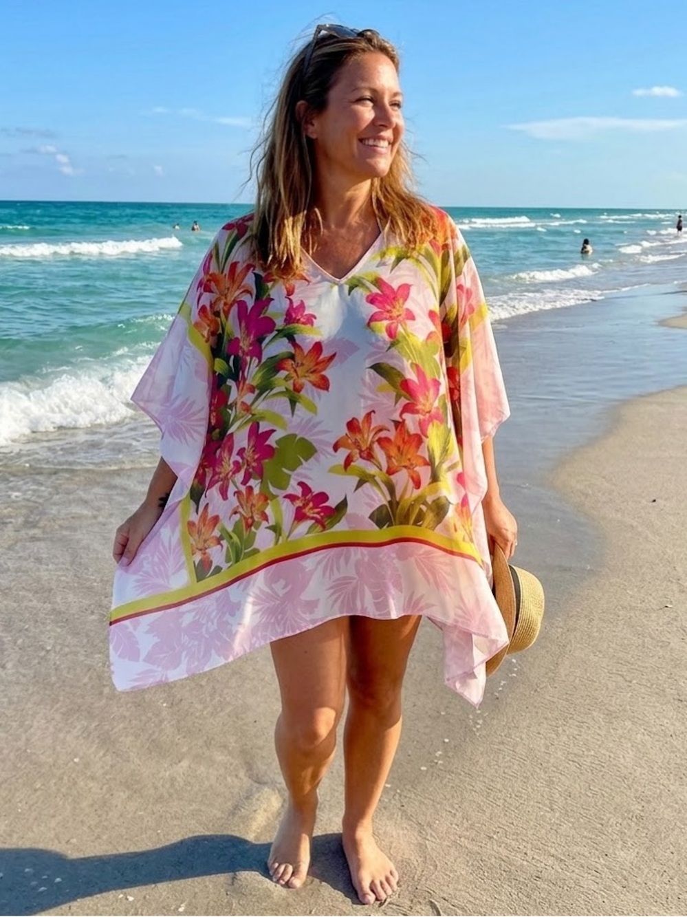 Susan Graver Lightweight Floral V-Neck Poncho Top Swim Coverup  Floral Size 1X
